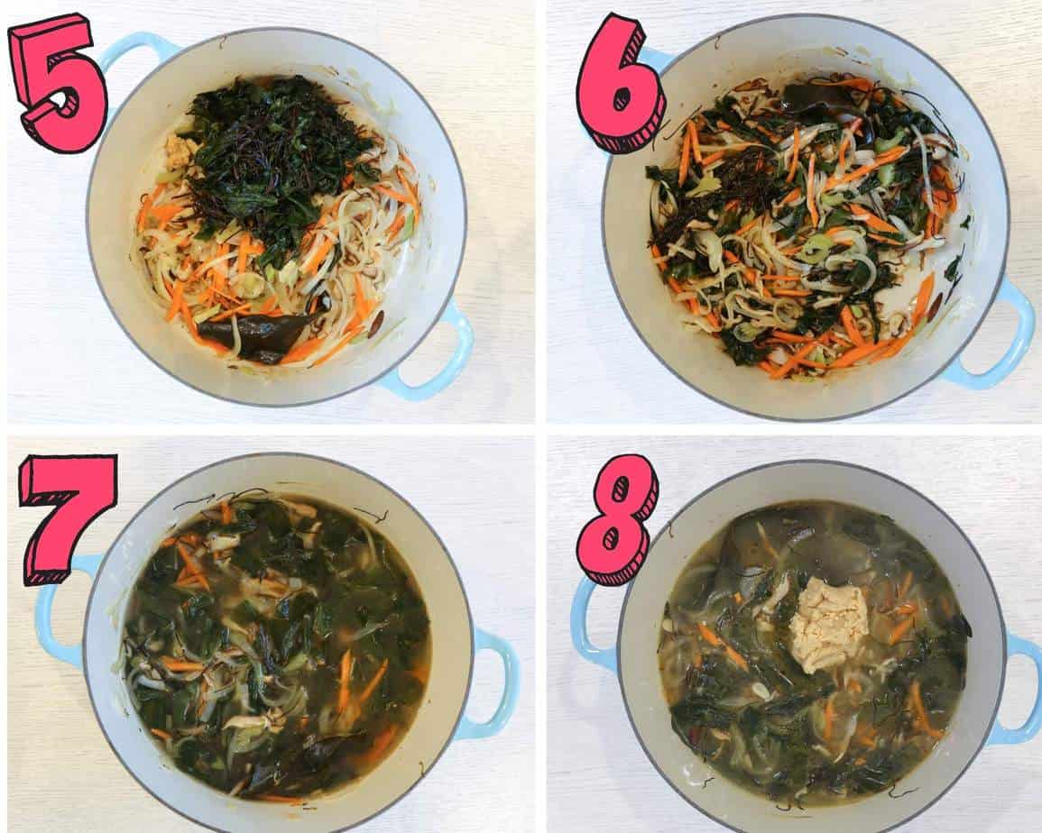 The process of making miso soup by simmering the vegetables.