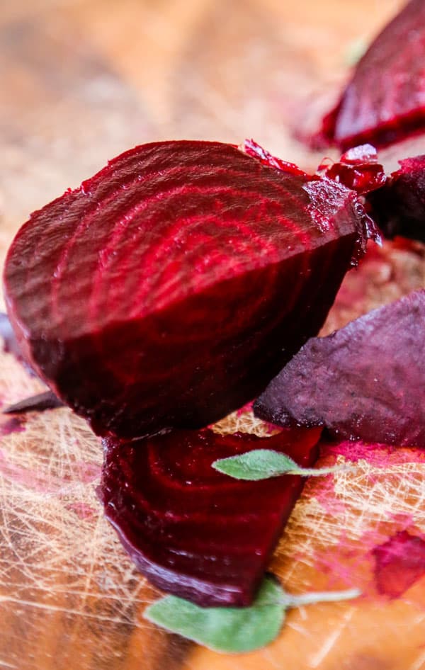 photo of chopped roasted beets on a cutting board.