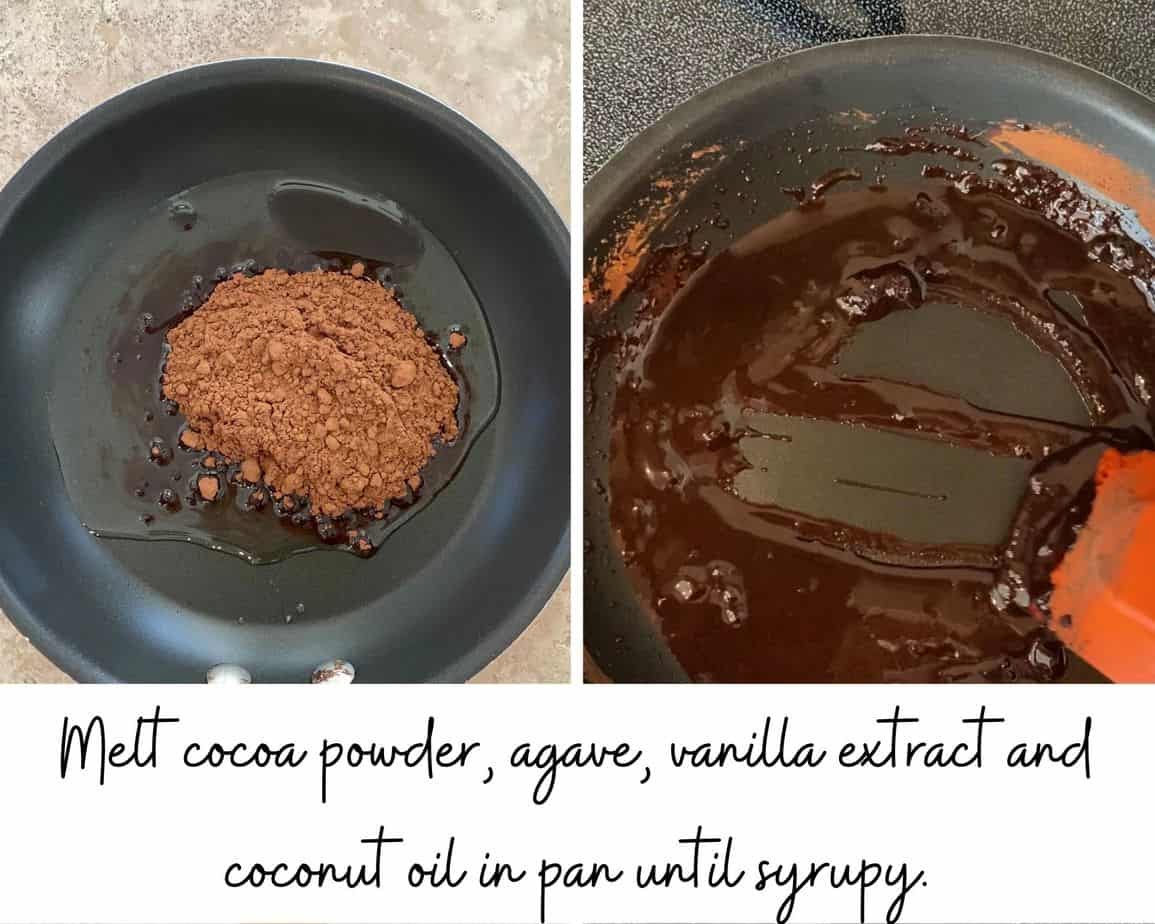 photo of cocoa powder, agave and coconut oil in a pan and another photo of the chocolate syrup cooked