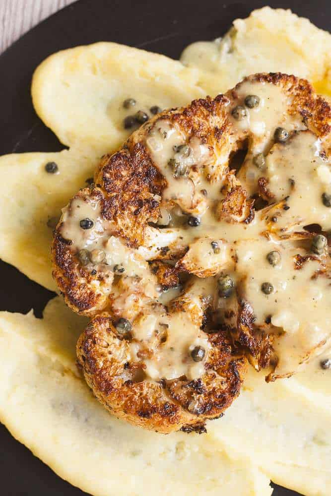 Grain-free vegan dinner recipe cauliflower steak with green peppercorn sauce 