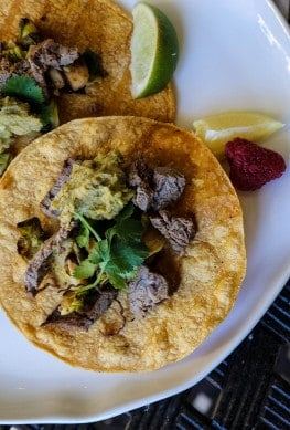 Steak Tacos with Brussels sprouts and Jalapeño Avocado Hummus
