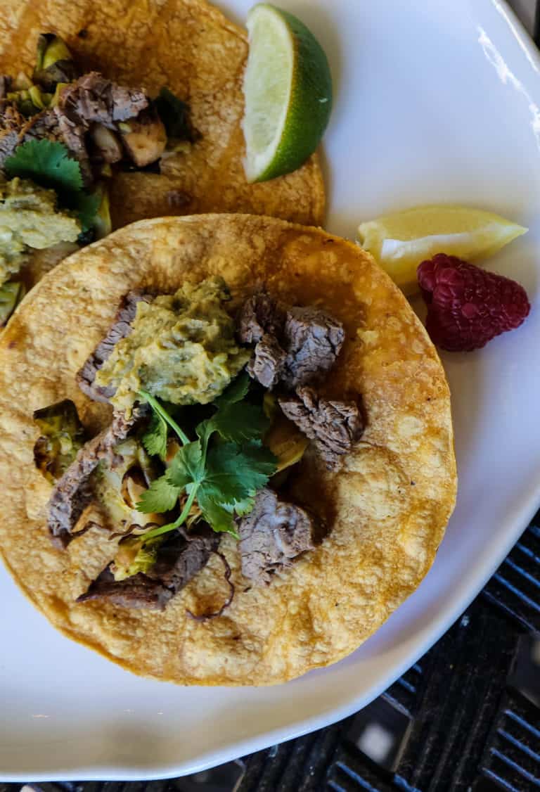 Flank Steak Tacos with Brussels Sprouts Tacos Jalapeño Avocado Humus  (GF)