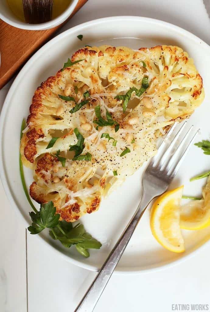 Grain Free Vegan Dinner Recipe Cauliflower Steak with Peppercorns and Lemon 