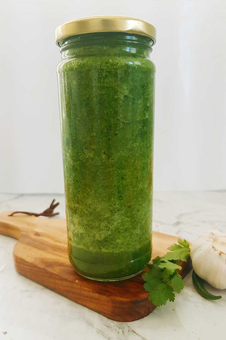 jar of green coriander sauce