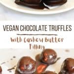 Pin of vegan chocolate truffles on a plate and cookie sheet