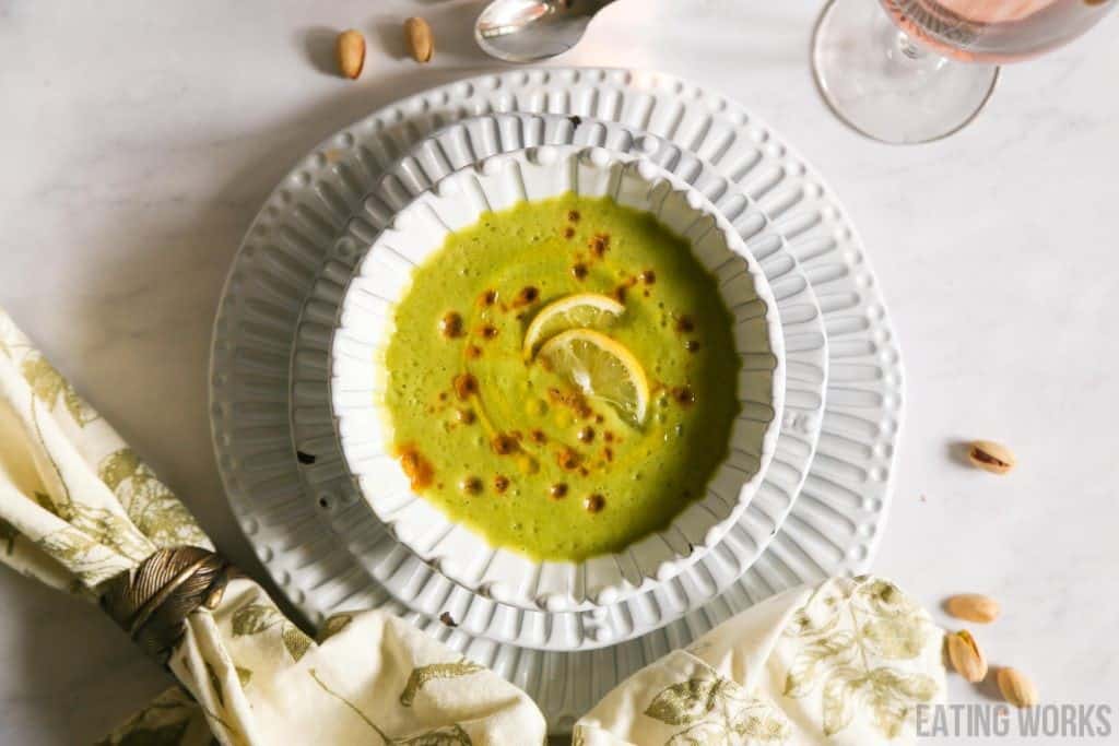 vegan cucumber soup in a white bowl from above