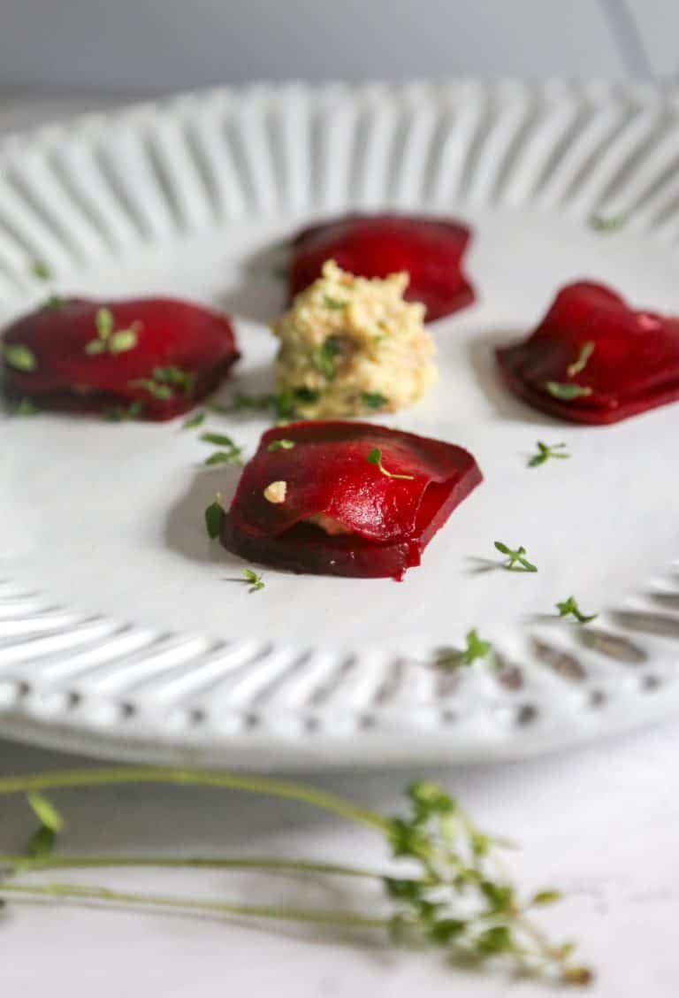 Beet Ravioli with Vegan Ricotta Cheese (Vegan + GF)