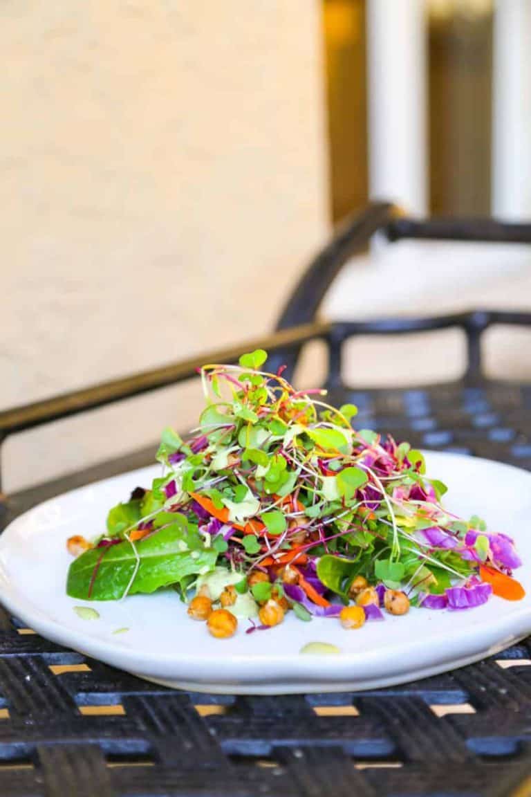 Microgreen Salad, Chickpea Croutons + Green Goddess Dressing