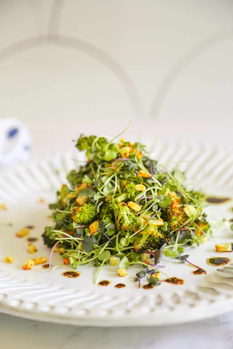 roasted broccoli salad with corn mixed microgreens and balsamic vinaigrette 