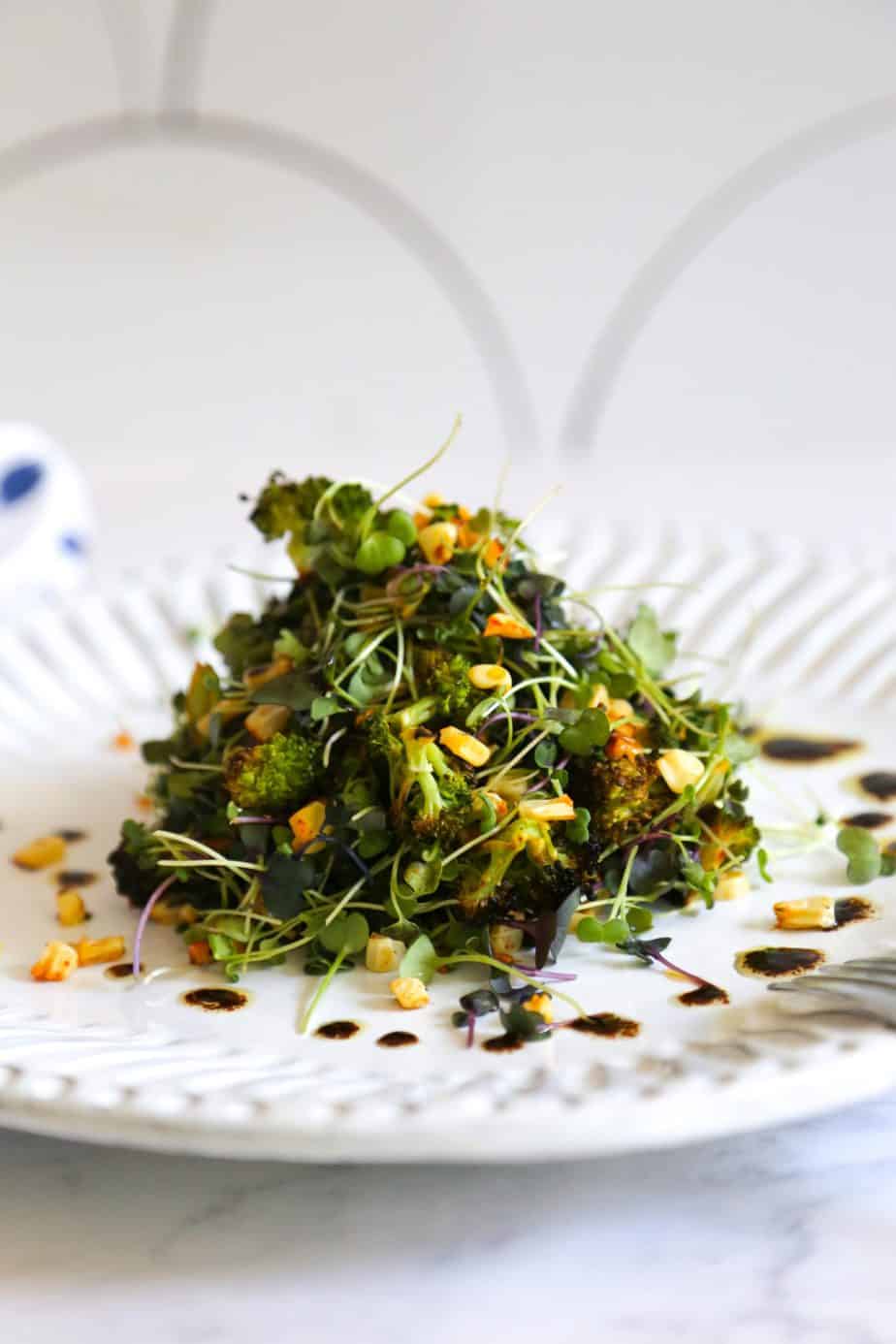 roasted broccoli salad with corn mixed microgreens and balsamic vinaigrette 