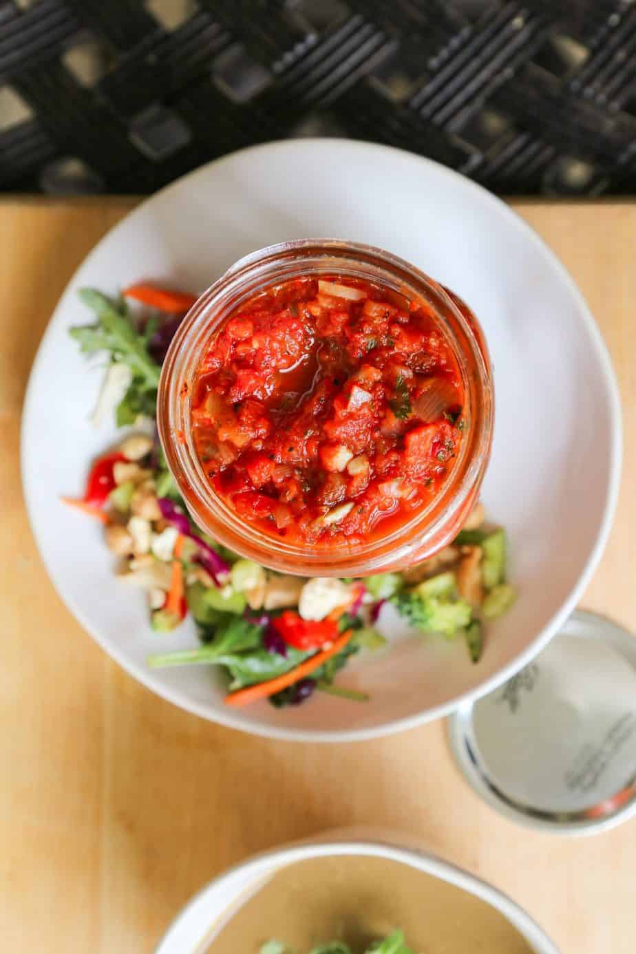 vegan roasted red pepper sauce in a jar