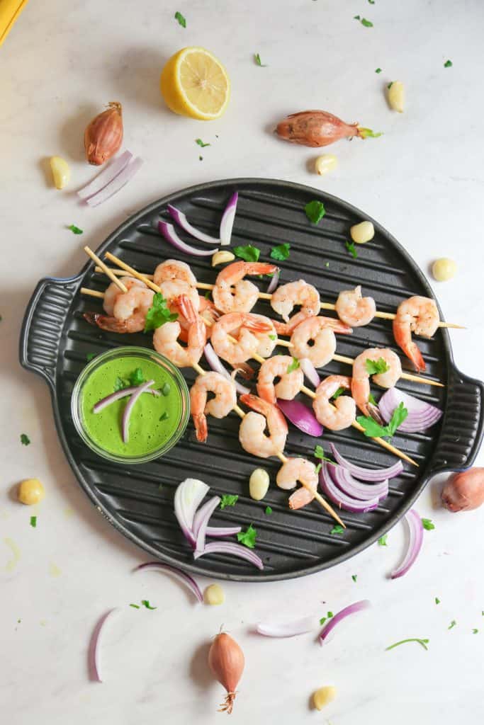 oven baked shrimp kabobs with Vegan Aji Verde Sauce made with garlic tahini lemon juice cilantro parsley shrimp from above 
