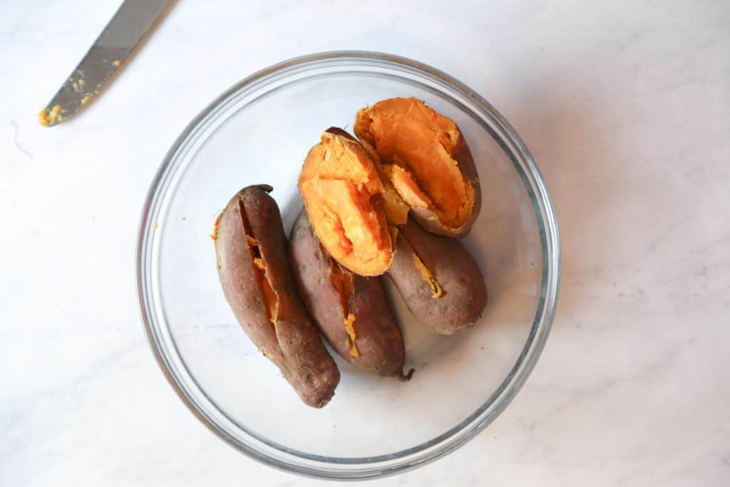 Step one microwave sweet potatoes for 15 minutes and slice them in half