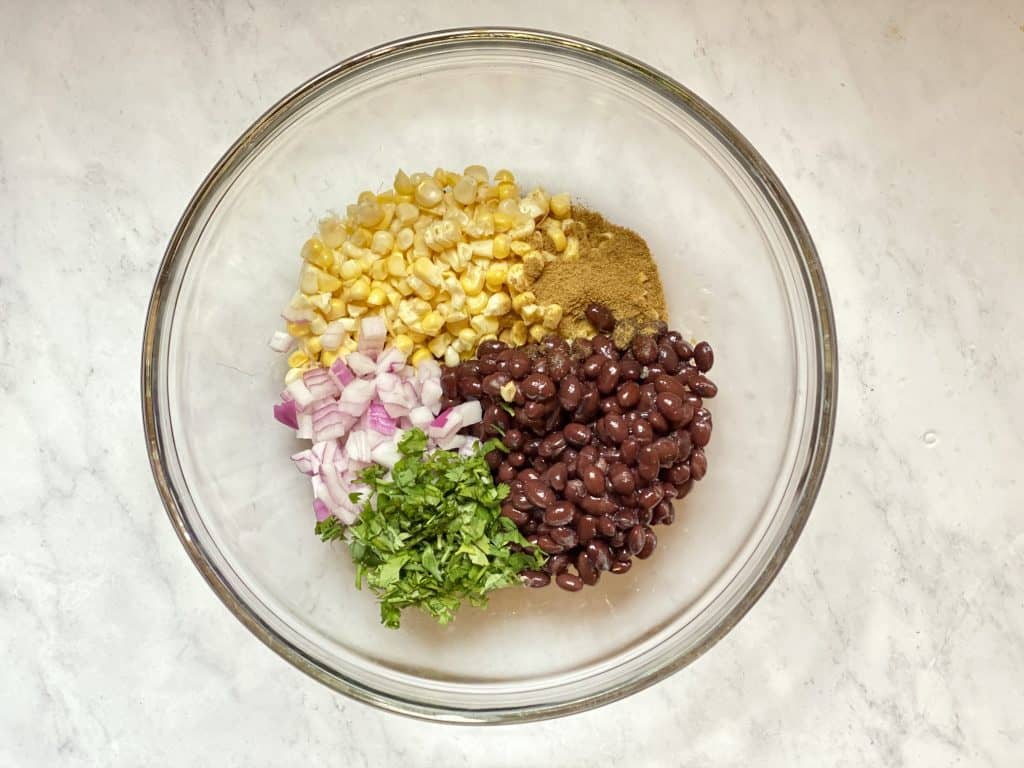 ingredients for black bean salsa for vegan stuffed sweet potato