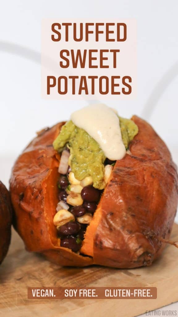 pin for vegan stuffed sweet potatoes