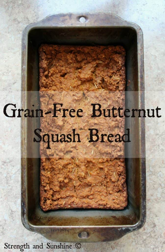 a loaf of grain free butternut squash bread in a baking pan