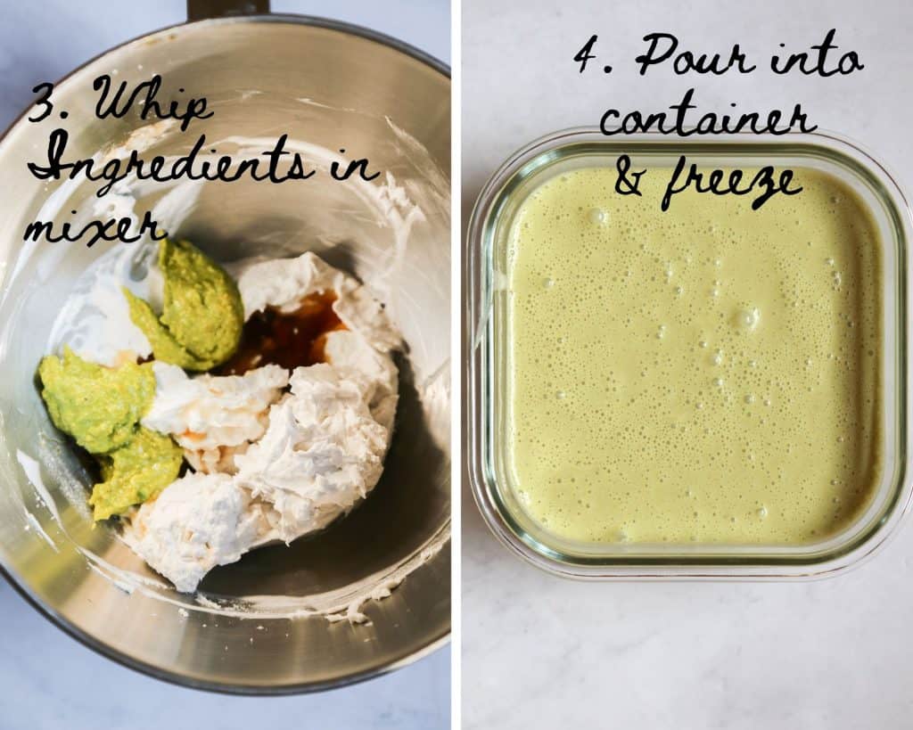 process shot of vegan pistachio ice cream ingredients in a mixing bowl 
