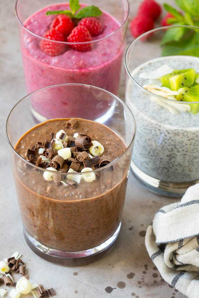 three glass cups of vegan keto chia seed pudding recipes