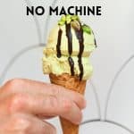 vegan pistachio ice cream pin on a cone with chocolate