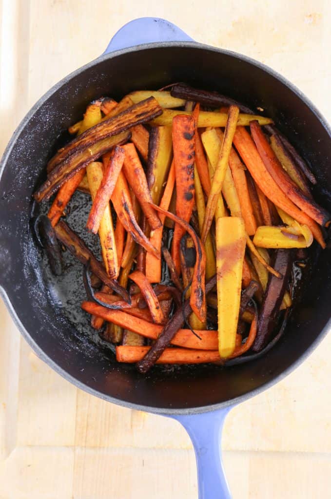 rainbow roasted carrots in a pan