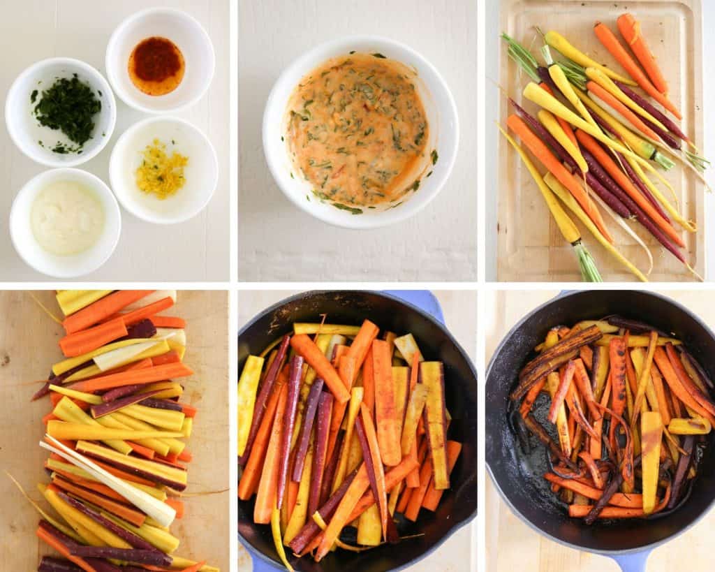 step by step photo collage of how to make roasted rainbow carrots from start to Finnish