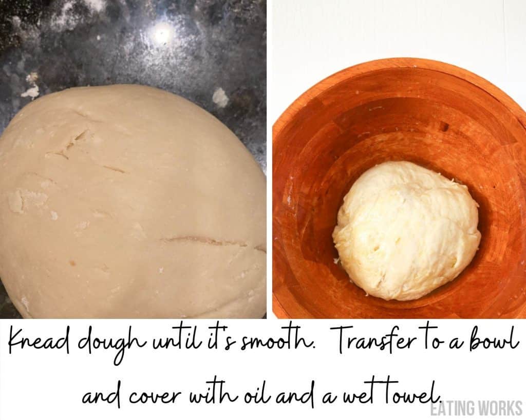 dough kneaded on counter and dough in a bowl covered in olive oil