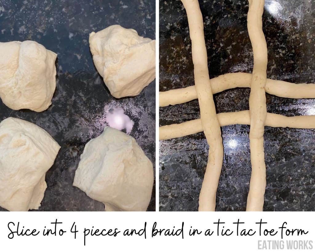 after dough proofs slice into four pieces, roll and start to braid