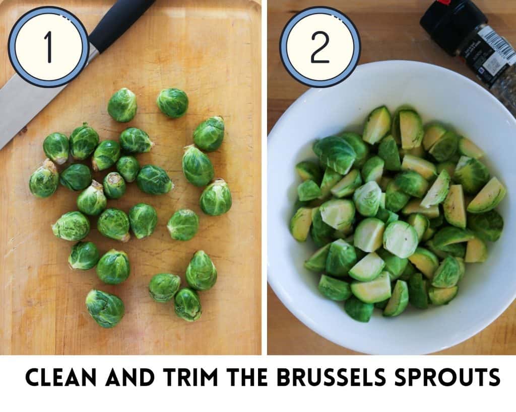 step by step photos of how to clean and slice Brussels sprouts for sautéed Brussels sprouts