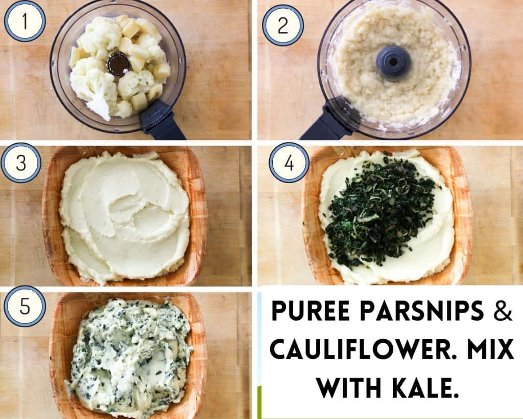 process shot for parsnip mash how to puree parsnip and cauliflower until smooth and combine with kale and shallots