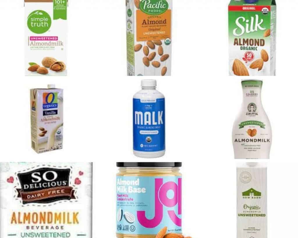 gluten free almond brands from top left simple truth, pacific foods almond milk, silk almond milk, o organics almond milk, milk, caifia almond milk, so delicious almond milk beverage, join's almond milk paste, new barn organic unsweetened almond milk