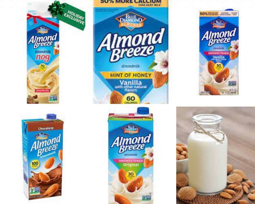 different types of gluten free diamond brand almond milk including, almond breeze unsweetened original, almond breeze vanilla, almond breeze hint of honey, almond breeze chocolate almond milk, almond nog