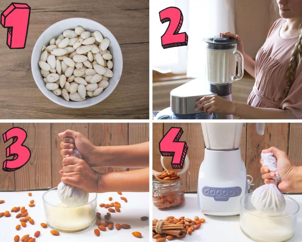 step by step process shots showing how to make homemade gluten free almond milk