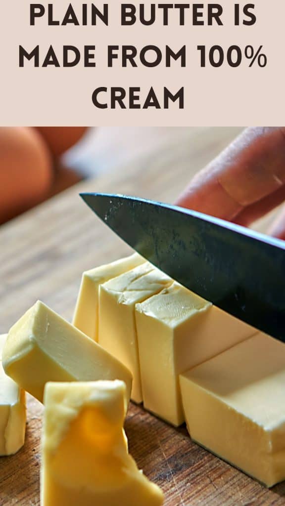 knife cutting into a stick of butter with text that says butter is made from 100% cream