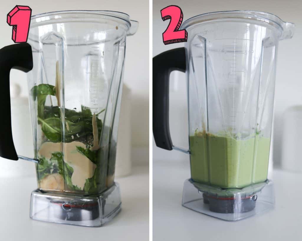 ingredients for vegan green goddess dressing in a blender unblended to the left and blended to a smooth green puree to the left for Microgreen Salad