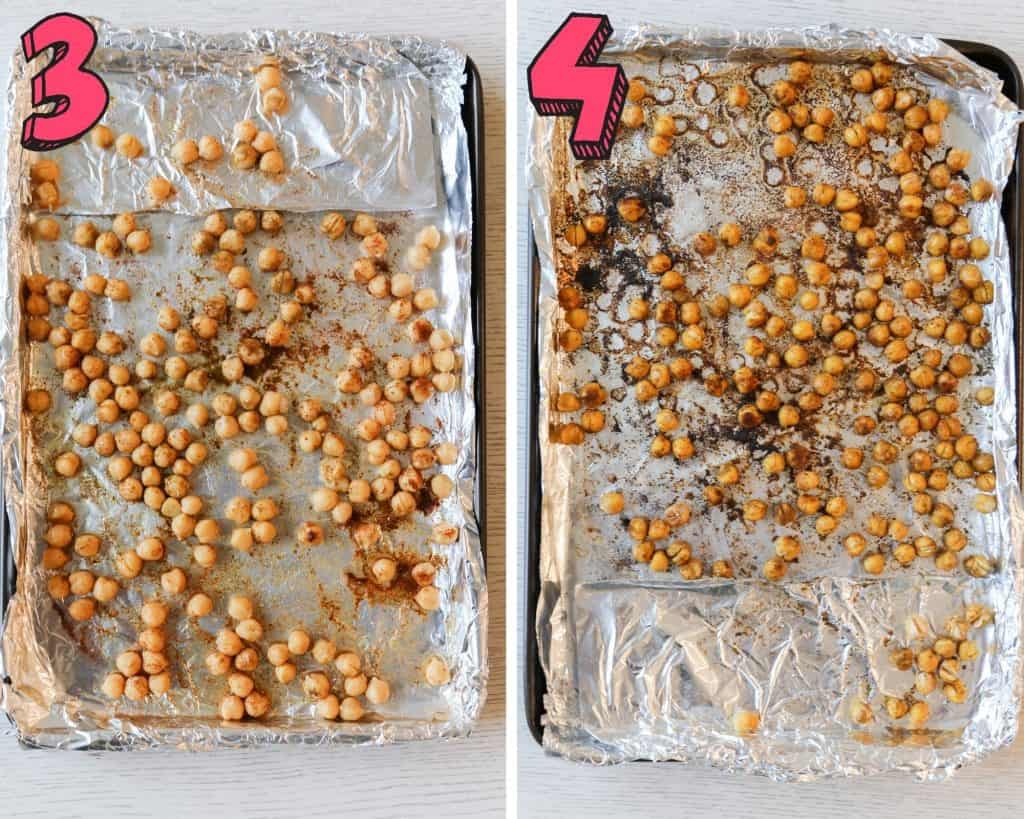 process shot for Microgreen Salad showing chickpeas on a sheet tray with spices un roasted and then finished chickpeas on a tray after roasting