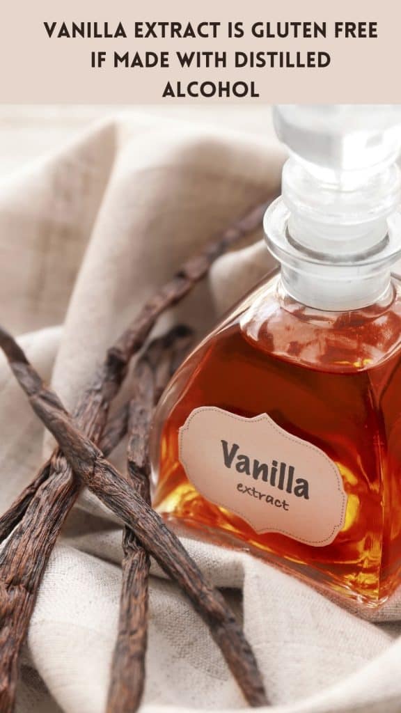 image of vanilla extract in a jar with text that says, "Vanilla extract is gluten free if made with distilled alcohol 