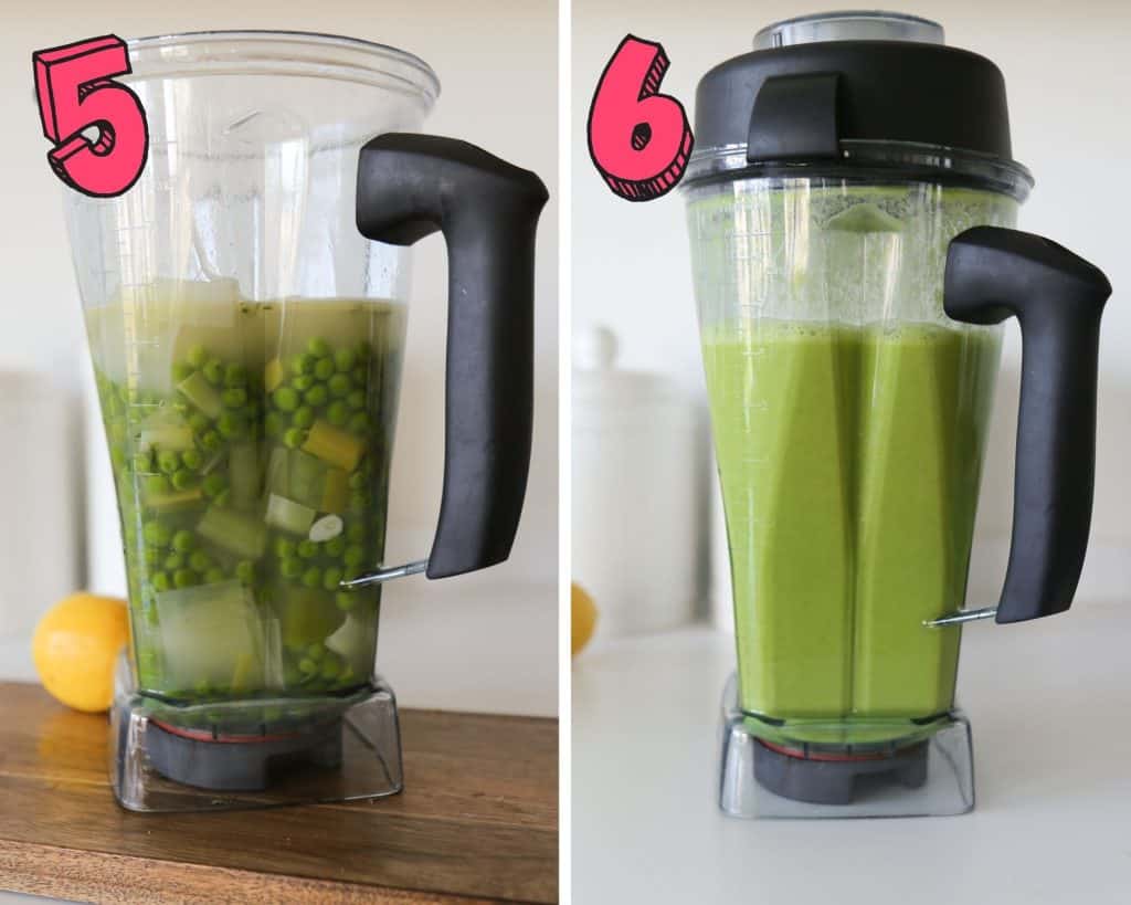 vegan pea soup being blended in a blender before and after blending