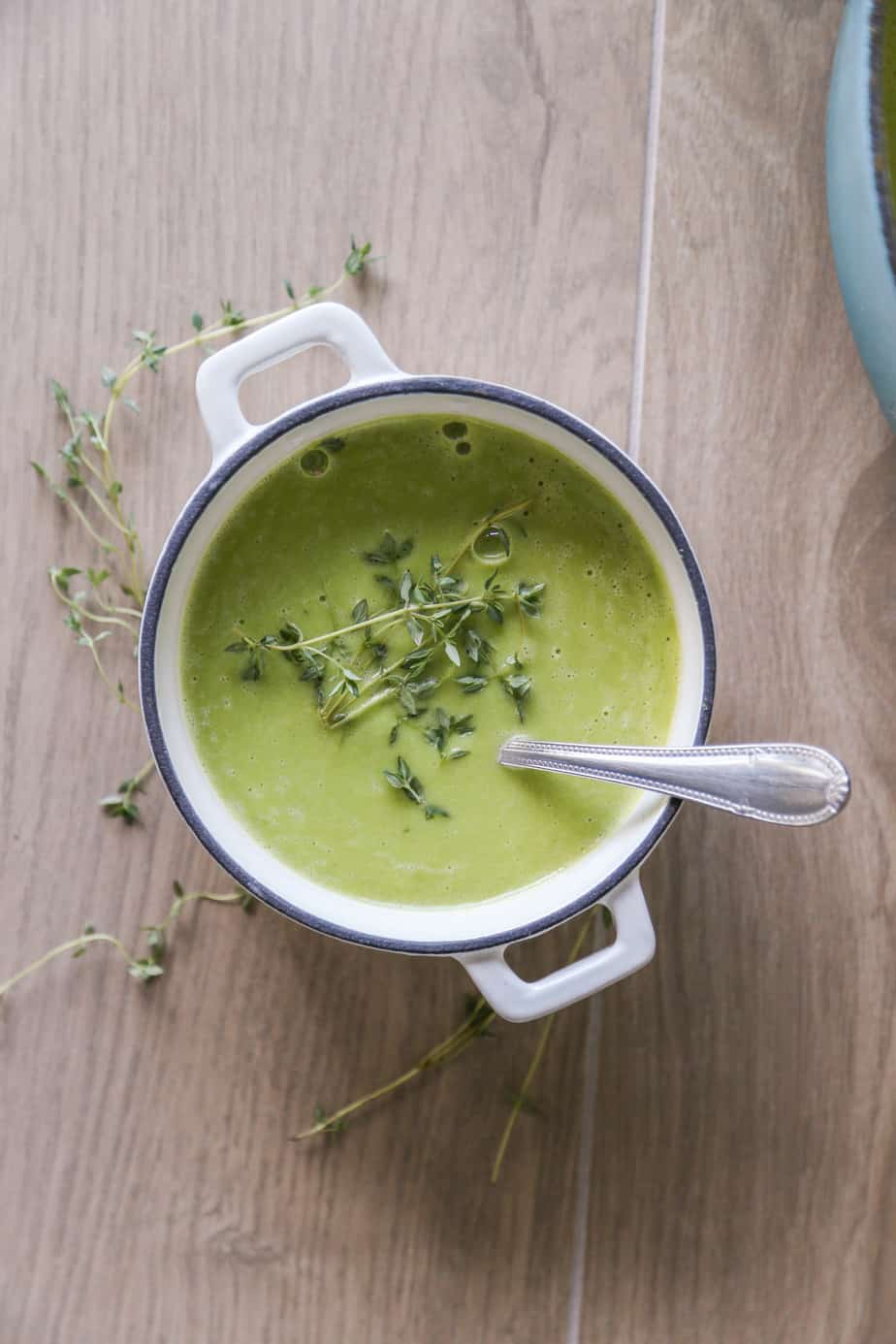 A dutch oven full of vegan pea soup