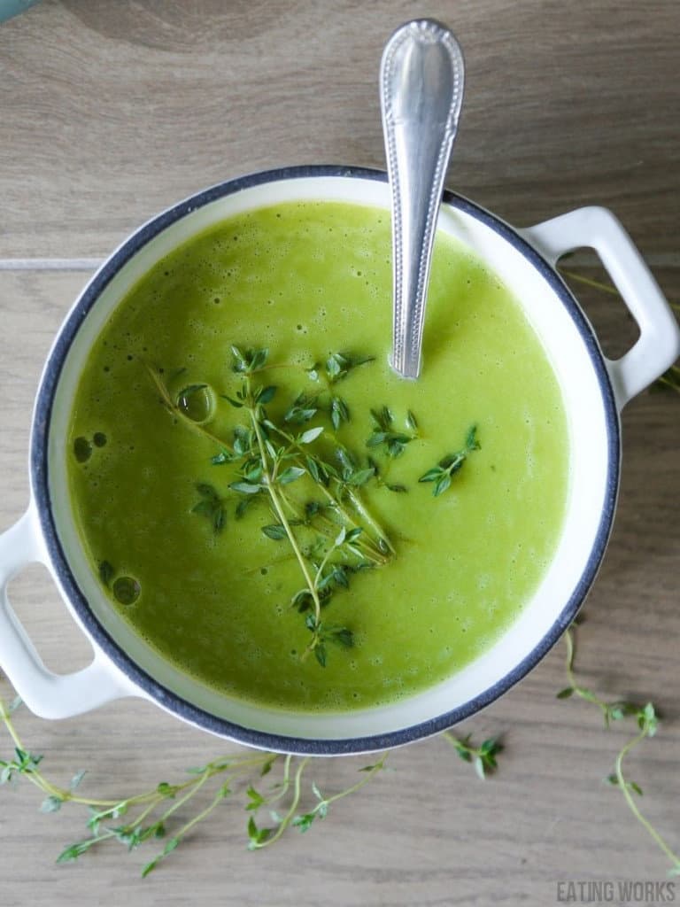 spring pea soup in a bowl with a spoon for diarrhea