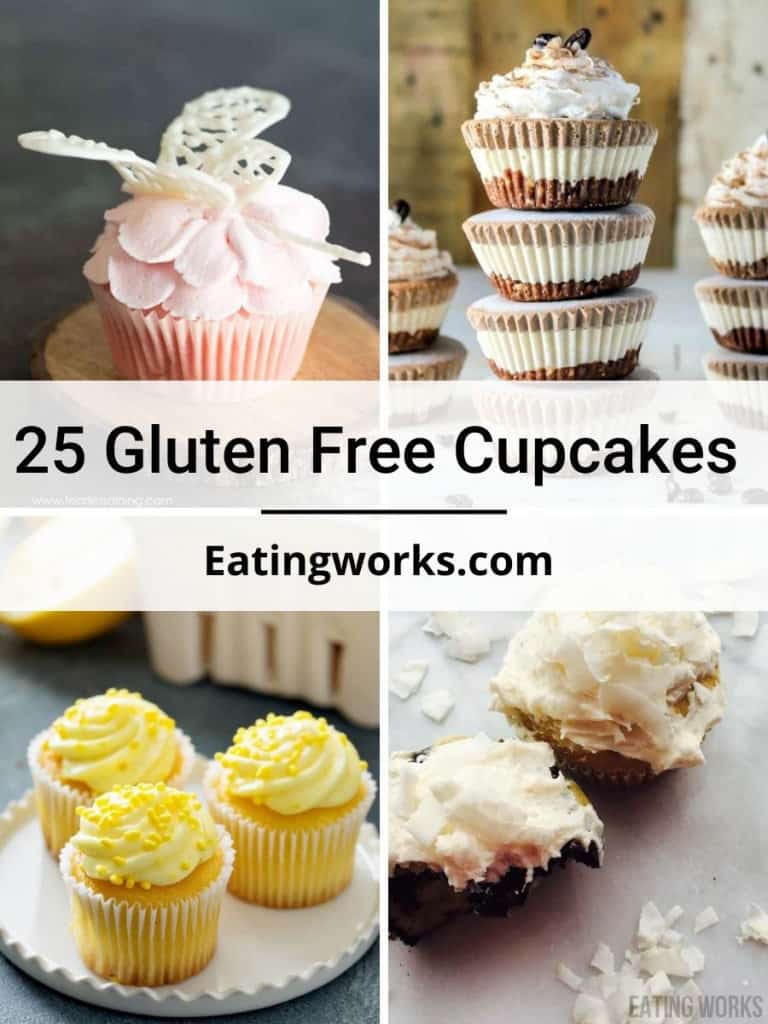 photo of four different types of gluten free cupcakes with text that says 25 gluten free cupcakes