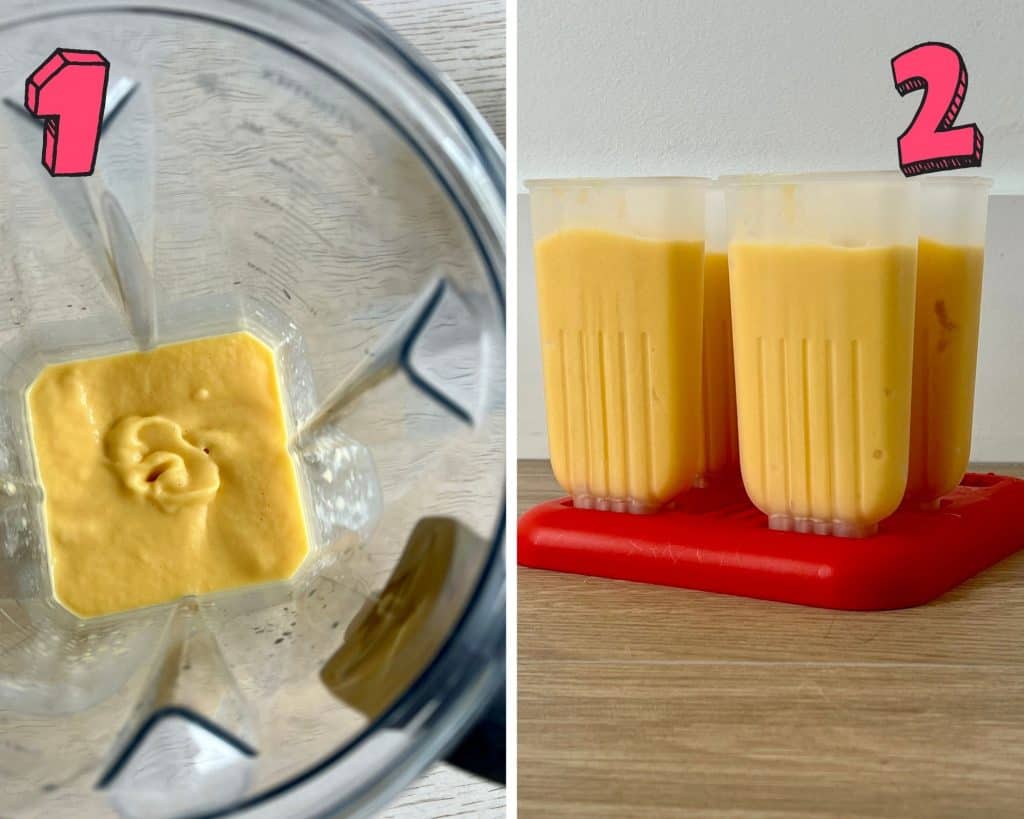 step by step process to make mango popsicles. 1 blend mango puree. 2 mango puree in popsicle molds