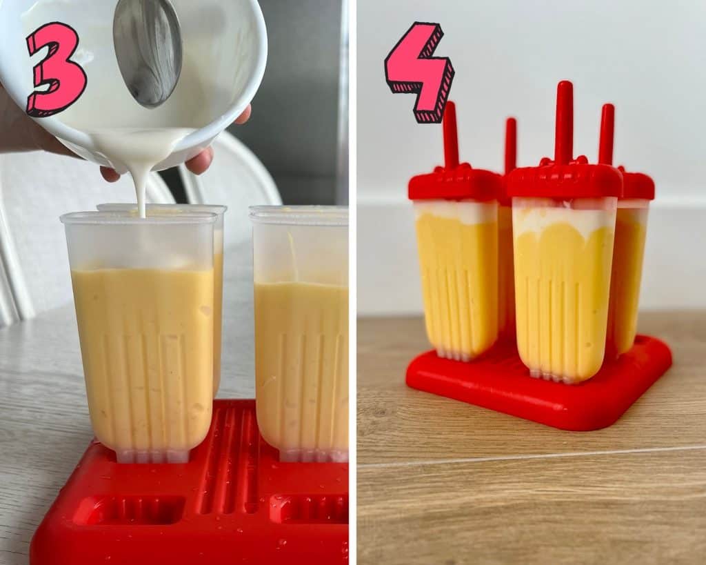 step by step process photos how to make mango popsicles. pour the cream into the popsicle molds and put the tops on the molds and put them in the freezer