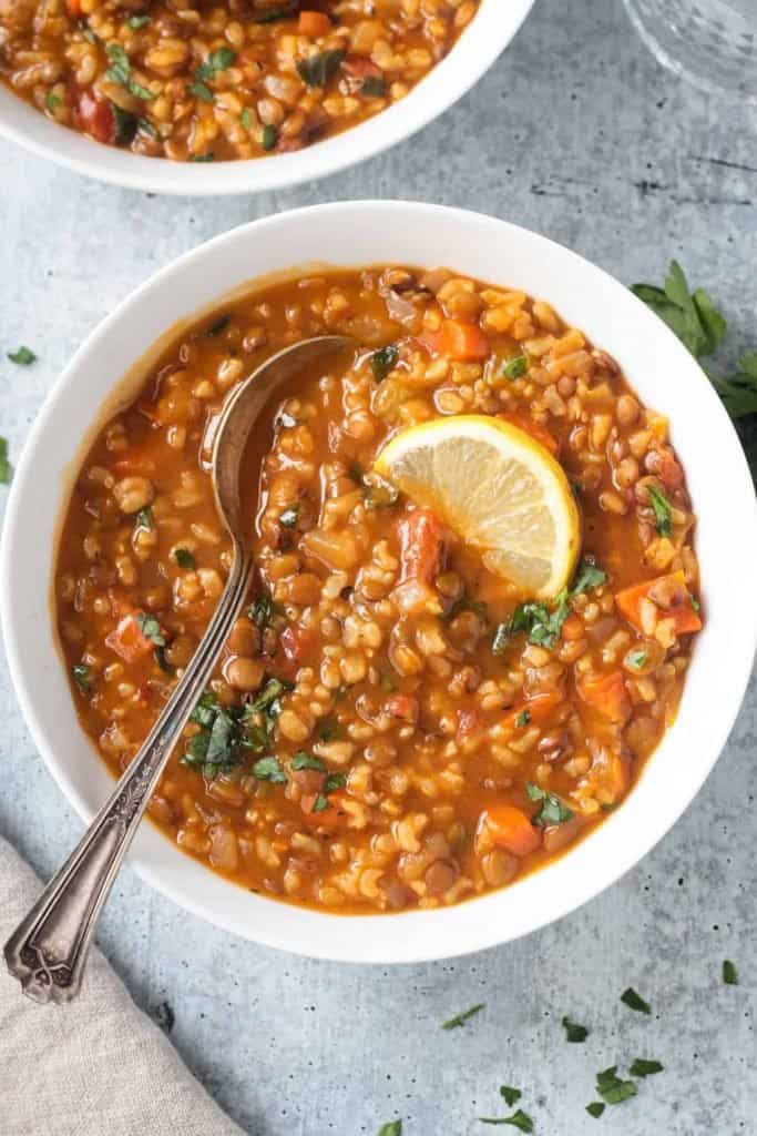 Veggie Packed Lentil and Rice soup in a bowl