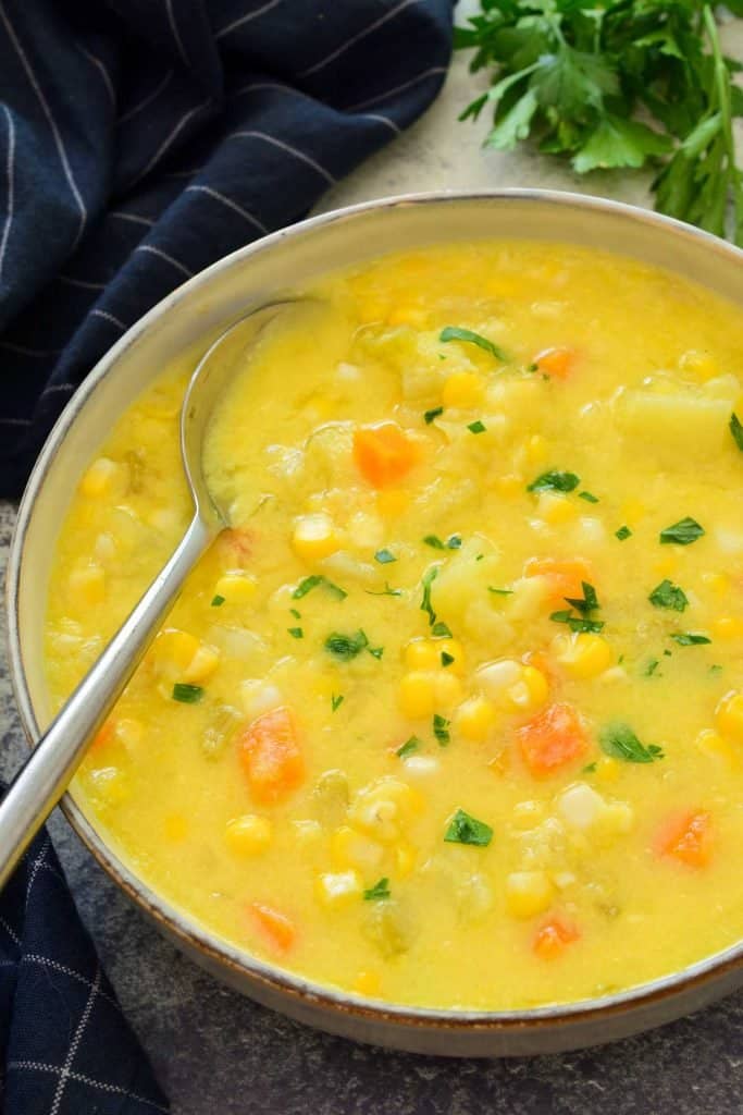 vegan corn chowder in a pot 