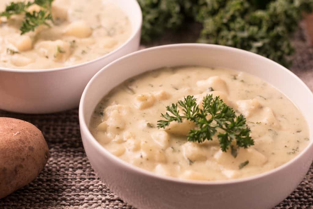 gluten free potato and leak soup in a bowl