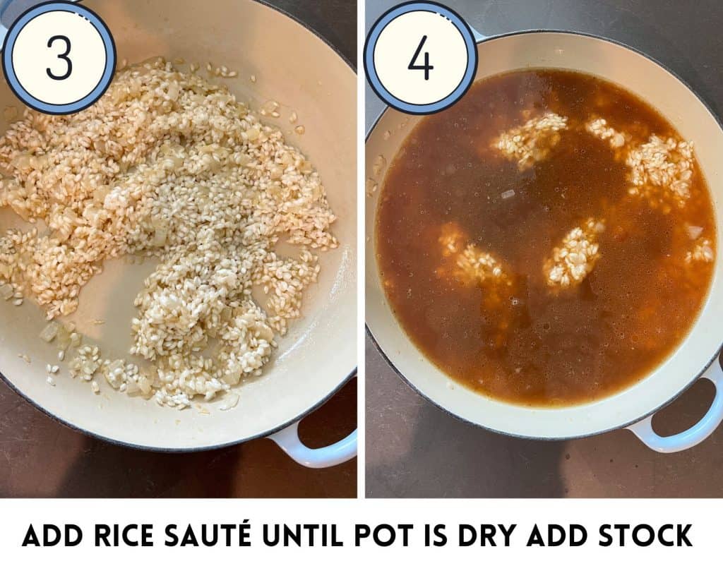 process photos showing how to saute rice and add vegetable stock for risotto gorgonzola 