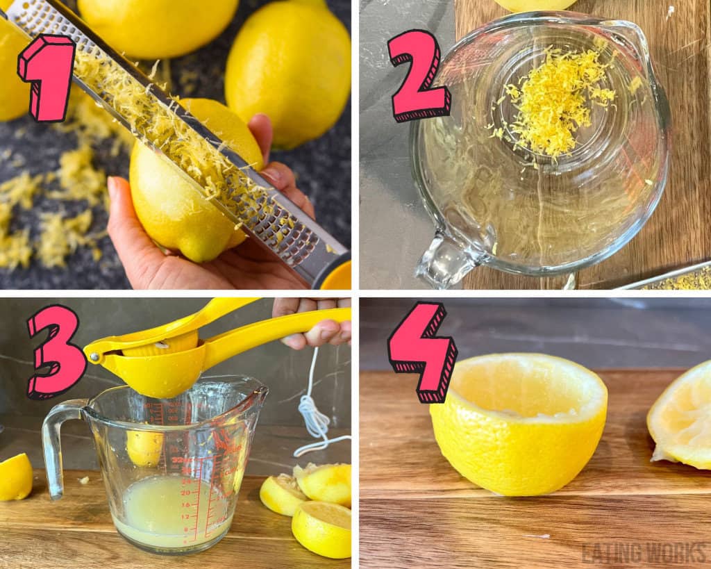 process shots showing how to juice lemons, zest lemons and slice lemons for keto Italian lemon sorbet recipe