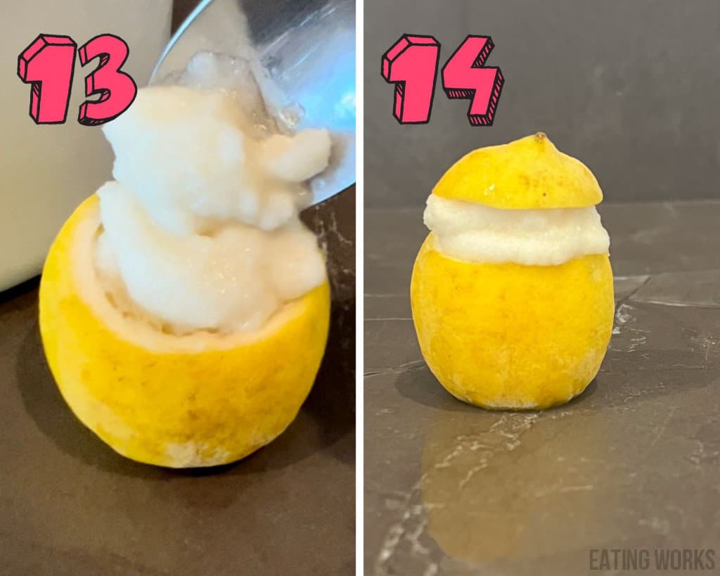 process shots showing how serve Italian lemon sorbet recipe in a lemon