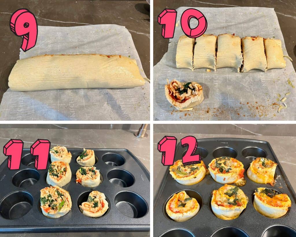 photos showing process roll the pizza rolls, slice and bake for gluten free pizza rolls recipe