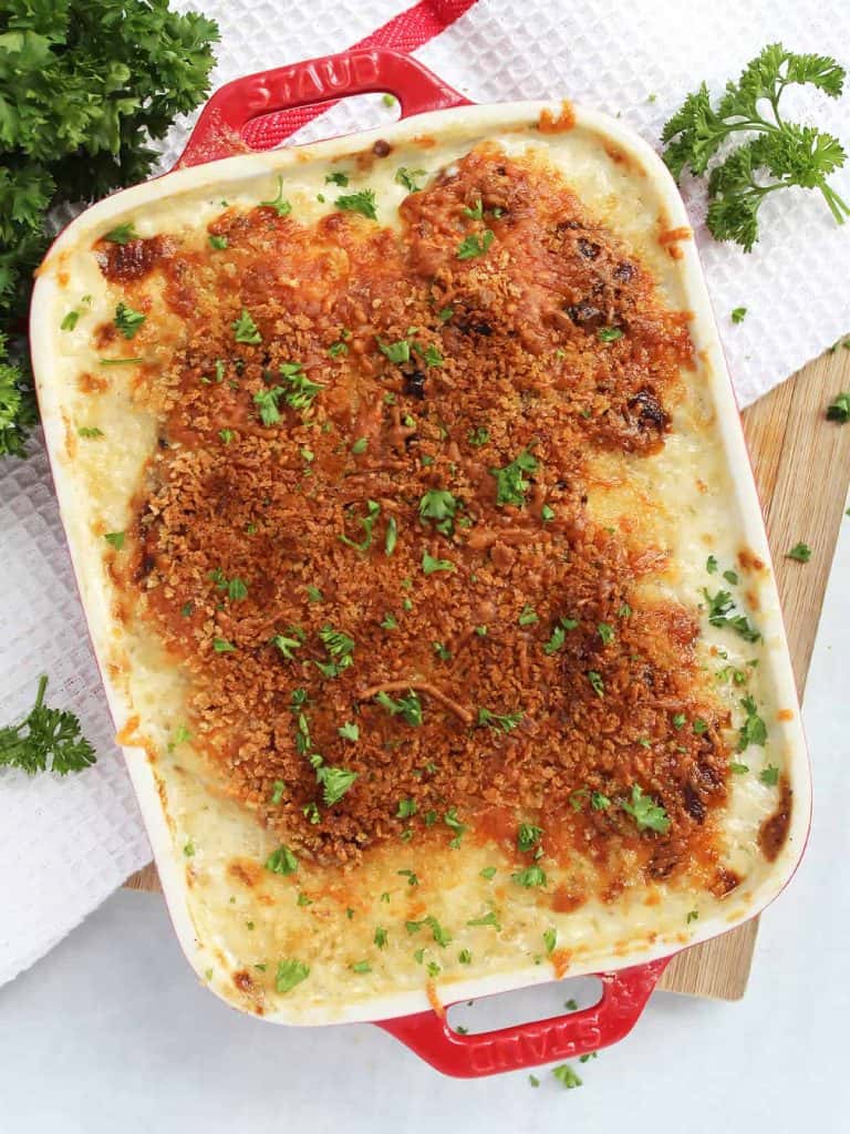 air fryer potato gratin in a red casserole dish